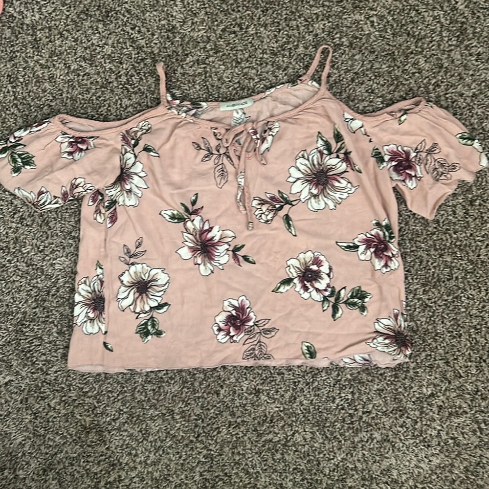 Pink, Flowery Blouse- Off-The-Shoulder